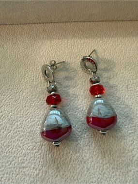 Red Glass Drop Bead Dangle Earrings - Unknown Brand
